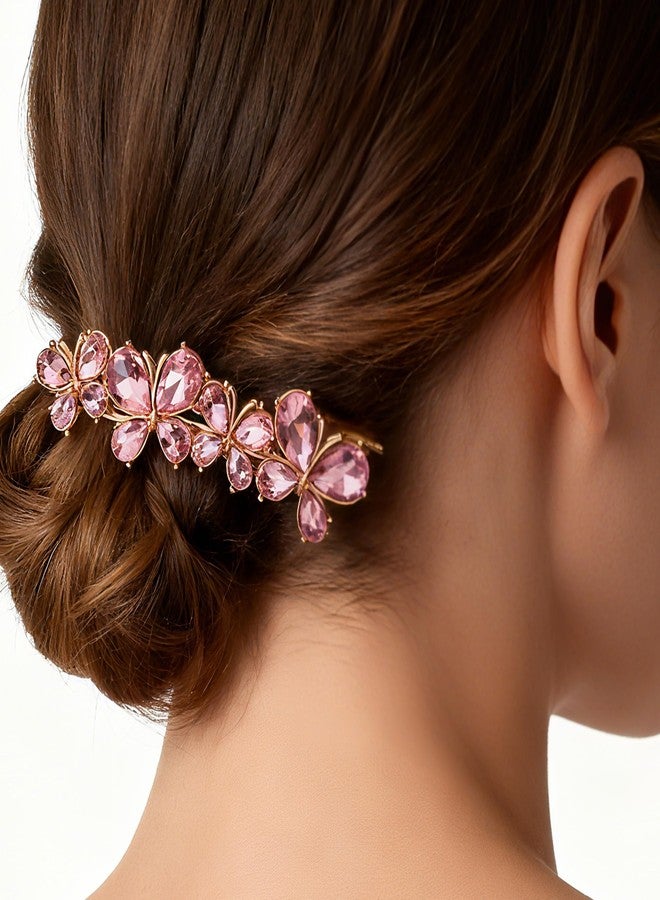 HLTOO 2PCS Rhinestone Hair Clips, Flower and Butterfly Bridal Hair Accessories, Sparkly Hair Barrettes for Wedding Women and Girls Long Hair, Champagne and Pink Color - Image 4